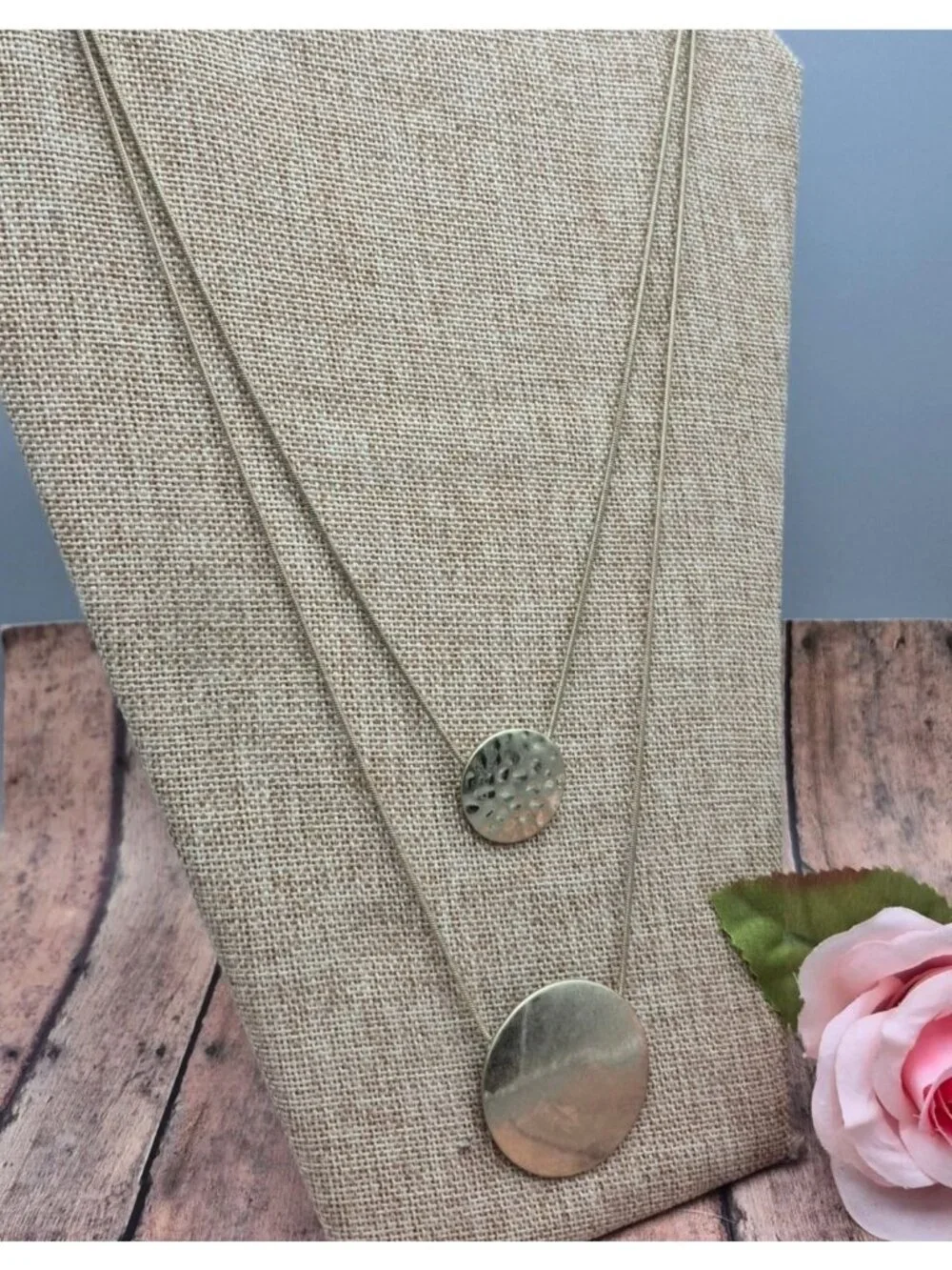 Layered Gold-Tone Necklace With Textured Circular Pendants 31